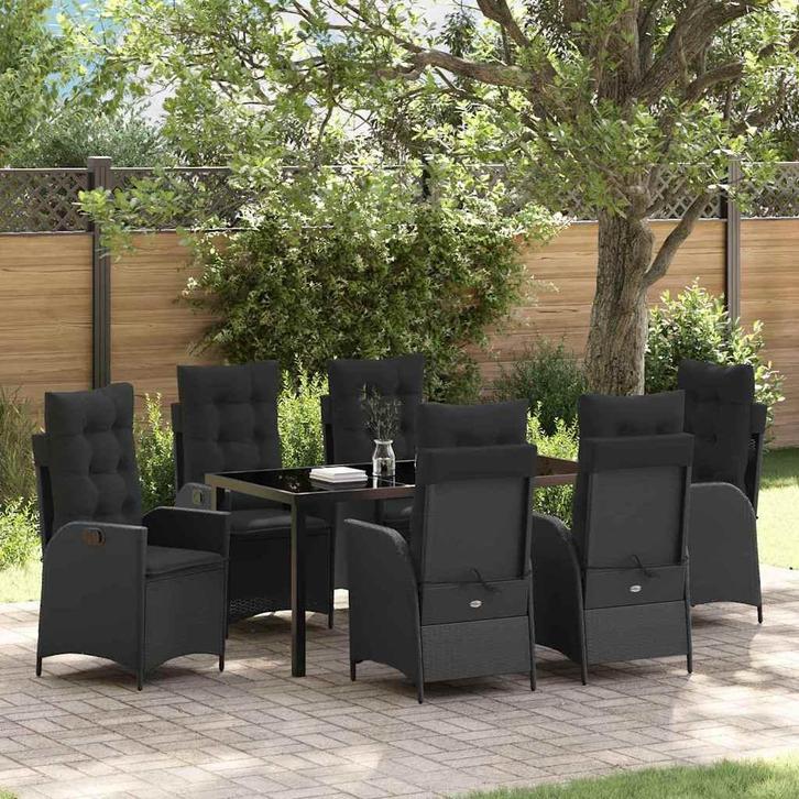 vidaXL Tuin Eettafel Set met kussen 7 pcs Zwart poly rattan, Tuin en Terras, Tuinsets en Loungesets, Nieuw, Verzenden