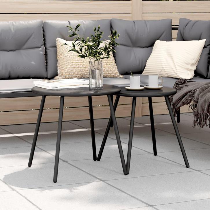 vidaXL Tuintafeltjes 2 st rond gepoedercoat staal zwart, Tuin en Terras, Tuintafels, Nieuw, Verzenden