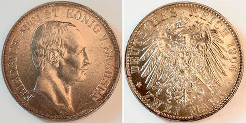 Kaiserreich 2 Mark Fr August Sachsen 1906e vz/stgl schoen..., Timbres & Monnaies, Monnaies | Europe | Monnaies non-euro, Envoi