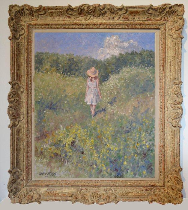 Chris van Dijk (1952) Impressionist -  Fille parmi les, Antiek en Kunst, Kunst | Schilderijen | Klassiek