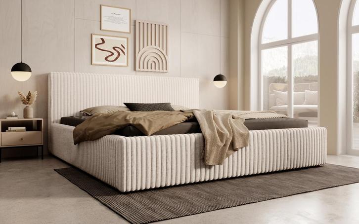 Meubella | Tweepersoonsbed 180x200 beige fluffy ribstof, Huis en Inrichting, Slaapkamer | Bedden, Nieuw, 180 cm, Verzenden