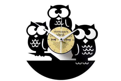 Vinylplaat wandklok 3 uiltjes - Met geschenkverpakking, Huis en Inrichting, Woonaccessoires | Klokken, Nieuw, Verzenden