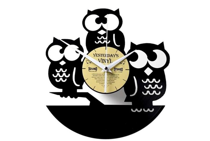 Vinylplaat wandklok 3 uiltjes - Met geschenkverpakking, Huis en Inrichting, Woonaccessoires | Klokken, Nieuw, Verzenden