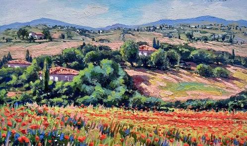 Roberto Gai (1948) - Tuscany flowers field landscape, Antiek en Kunst, Kunst | Schilderijen | Klassiek