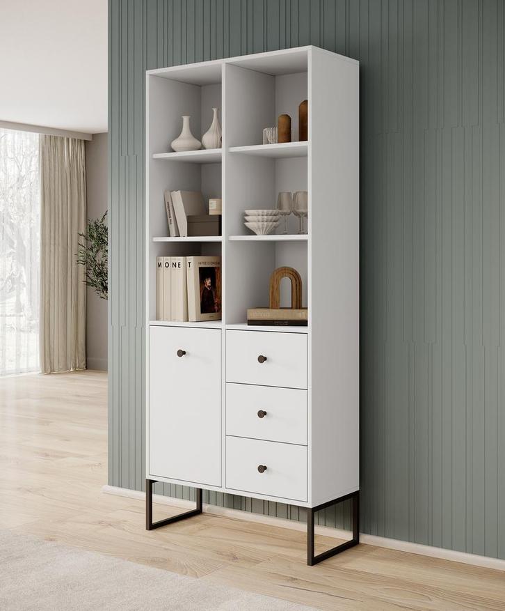Meubella | Boekenkast wit 77cm - 3 lades, Huis en Inrichting, Kasten | Boekenkasten, 25 tot 50 cm, Nieuw, 50 tot 100 cm, 150 tot 200 cm