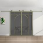 Dubbele stalen schuifdeur Olijfgroen 5 Vlaks rond Rook glas, 75 tot 150 cm, Nieuw, 150 tot 225 cm, Metaal