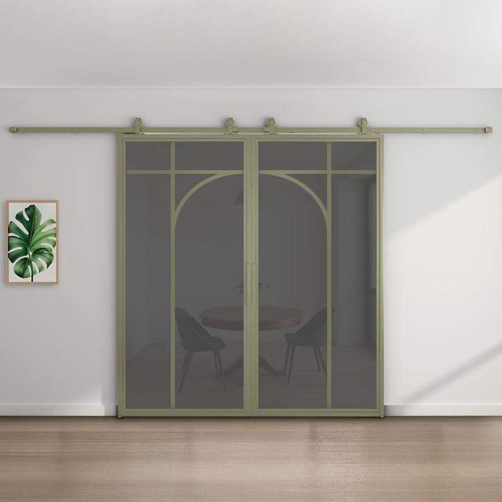 Dubbele stalen schuifdeur Olijfgroen 5 Vlaks rond Rook glas, Doe-het-zelf en Bouw, Raamkozijnen en Schuifdeuren, Inclusief glas