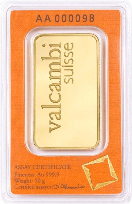 50 gram - Goud .999 - Valcambi, Switzerland - Verzegeld en, Postzegels en Munten, Edelmetalen en Baren