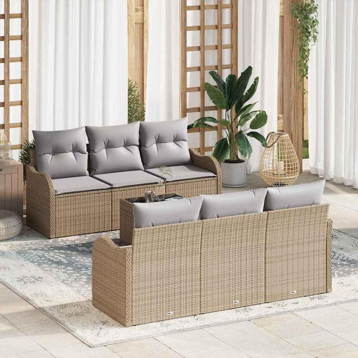 vidaXL Tuinbank Set 7 pcs Beige en Grijs Poly rattan, staal, Tuin en Terras, Tuinsets en Loungesets, Nieuw, Verzenden