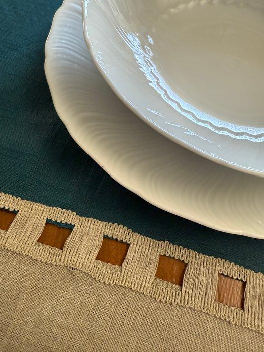 Elegante ottanio antimacchia-tovaglia met kant in vol linnen, Antiek en Kunst, Antiek | Tapijten, Tafelkleden en Textiel