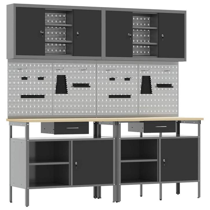 vidaXL Werkbankset met lade 8 pcs Rood en Grijs Gepoedercoat, Doe-het-zelf en Bouw, Werkbanken, Nieuw, Verzenden