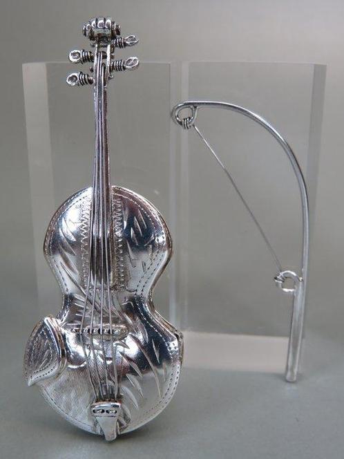 Pillendoos viool (+strijkstok) - Miniatuur figuur - .925, Antiek en Kunst, Antiek | Zilver en Goud