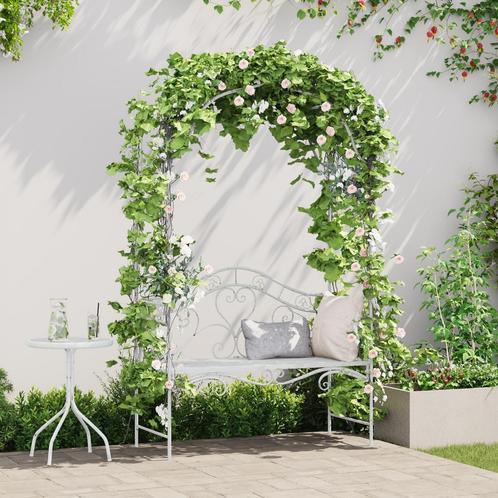 vidaXL Tuinbank met Boog en Bloemenmotief Wit 121 cm Staal, Tuin en Terras, Tuinsets en Loungesets, Nieuw, Verzenden
