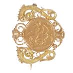 Broche - 18 karaat Geel goud, Moneta Sterlina 22 kt, Handtassen en Accessoires, Antieke sieraden