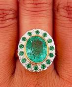 Zonder Minimumprijs - Ring - 9 kt. Geel goud, Zilver Smaragd, Handtassen en Accessoires, Ringen, Nieuw