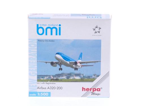 Schaal 1:500 Herpa 513036 bmi - british midland Airbus A3..., Hobby en Vrije tijd, Modelbouw | Vliegtuigen en Helikopters, Zo goed als nieuw