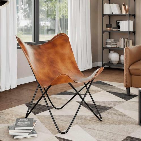 vidaXL Vlinderstoel echt leer bruin, Huis en Inrichting, Fauteuils, Nieuw, Verzenden