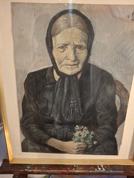 Käthe Loewenthal (1878-1942) - Old woman with flowers, Antiek en Kunst, Kunst | Schilderijen | Klassiek