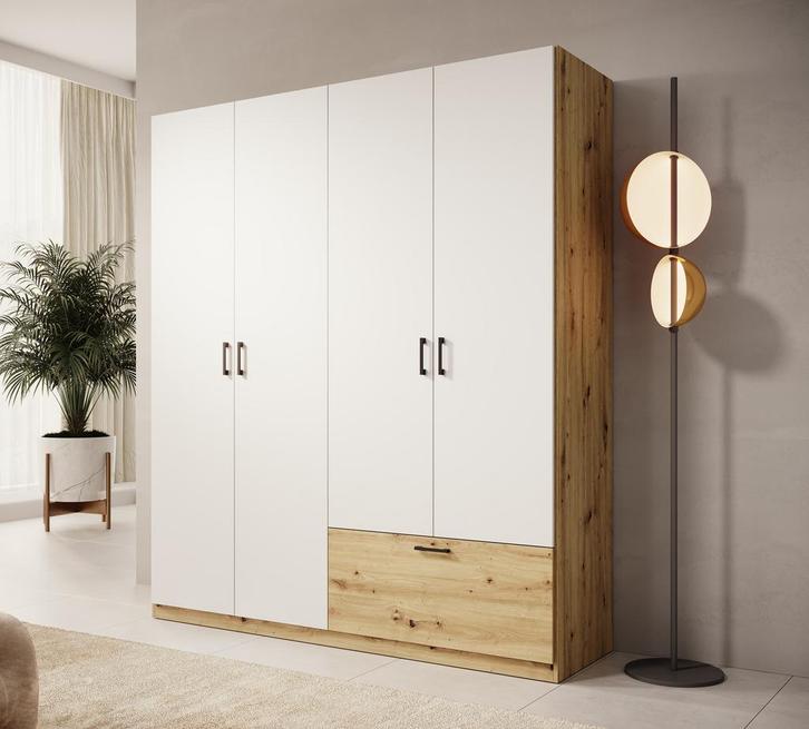 Meubella | Kledingkast 180cm wit eiken Garderobekast 1 lade, Huis en Inrichting, Kasten | Overige, Nieuw, Verzenden