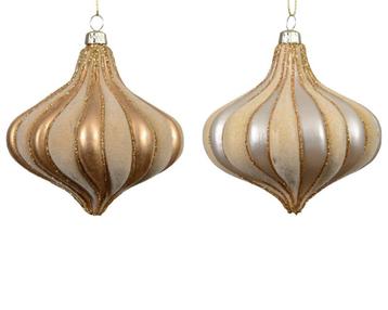 Kerstballen druppelvorm 10 cm flock goud en beige