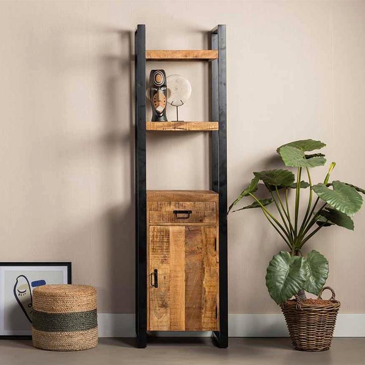 Boekenkast Mangohout Britt 1 Lade 1 Deur 200 cm, Huis en Inrichting, Kasten | Boekenkasten, 25 tot 50 cm, Nieuw, Overige houtsoorten