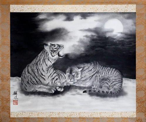 Ink Painting - Two Fierce Tigers in the Moonlight - hanging, Antiek en Kunst, Antiek | Overige Antiek