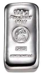 100 gram - Zilver - Heimerle & Meule - Silberbarren  (Zonder, Postzegels en Munten, Edelmetalen en Baren