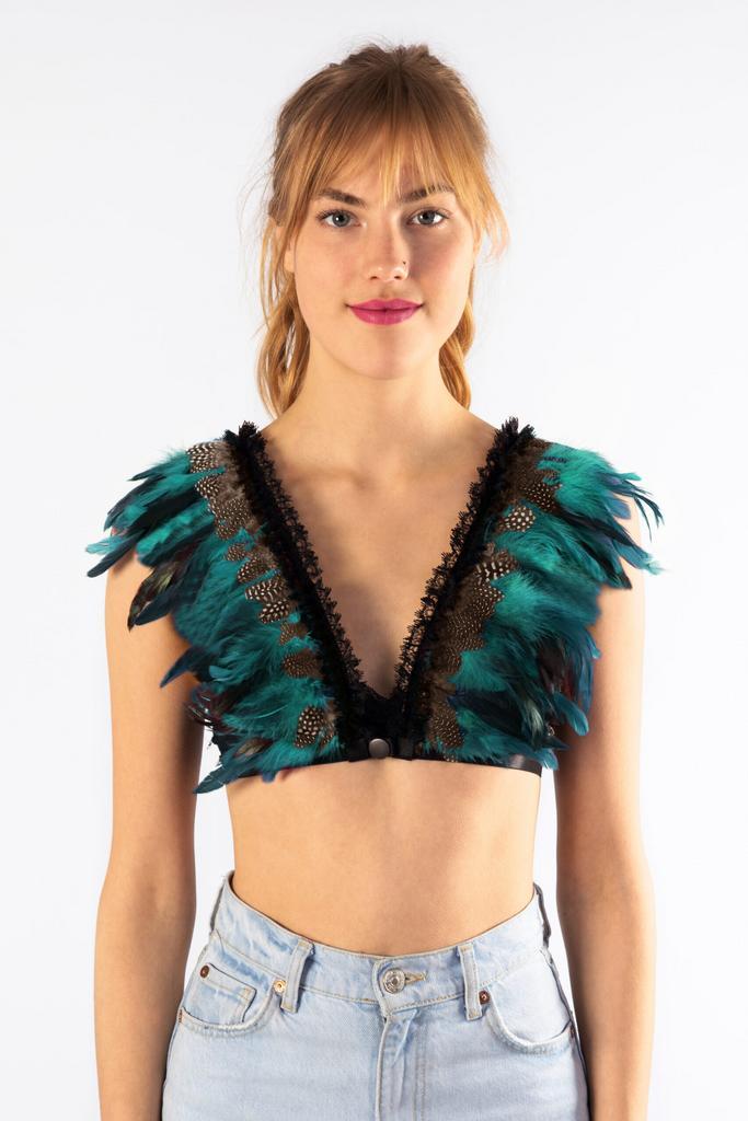 Top met Veren Turquoise Bruin XS S M Verentop Steampunk Topj, Kleding | Dames, Carnavalskleding en Feestkleding, Nieuw, Ophalen of Verzenden