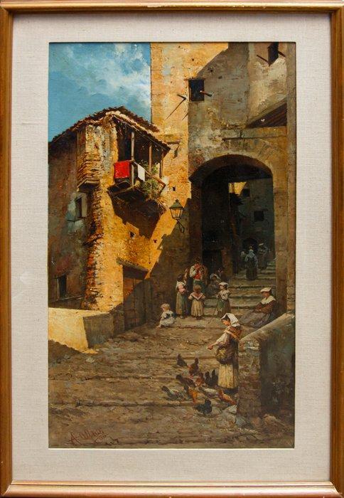 Augusto Alberici (1846 - 1922) - Vita di paese, 1890, Antiek en Kunst, Kunst | Schilderijen | Klassiek