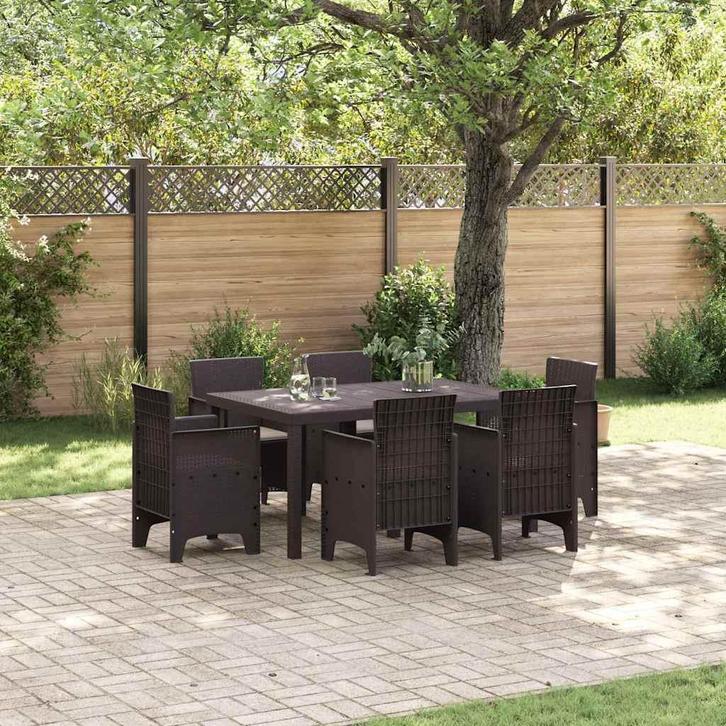 vidaXL Tuin Eettafel Set 7 pcs Bruin Polt riet, Tuin en Terras, Tuinsets en Loungesets, Nieuw, Verzenden