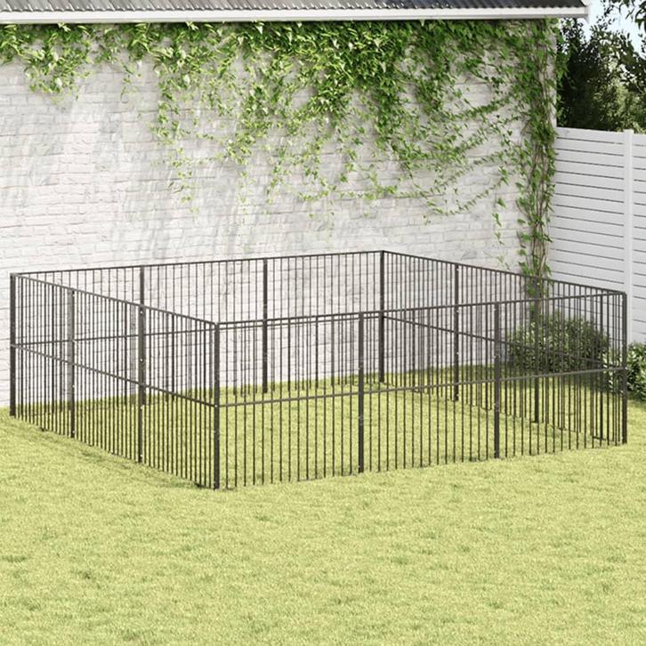 vidaXL Hondenkennel 12 panelen gepoedercoat staal zwart, Dieren en Toebehoren, Hondenhokken, Nieuw, Verzenden