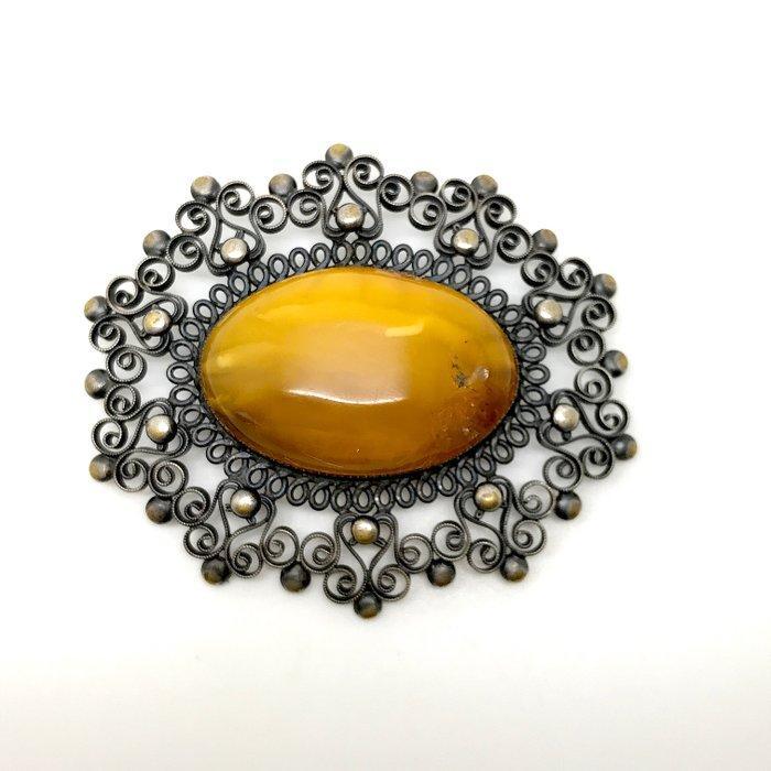 Oud Baltisch Barnsteen Broche - Barnsteen - Baltic amber -, Verzamelen, Mineralen en Fossielen