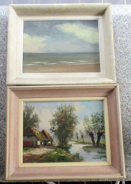 Belgische school - Landschap met beek en Zeezicht, Antiek en Kunst, Kunst | Schilderijen | Klassiek