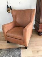 Leren oorfauteuil met houten poten - bruin leer, Ophalen of Verzenden, Nieuw