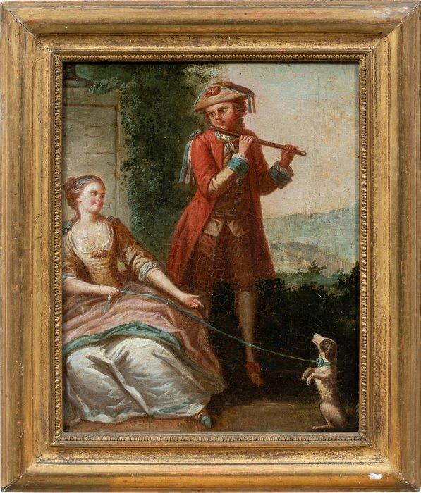 French school (XVIII) - Flute Player and Dog, Antiek en Kunst, Kunst | Schilderijen | Klassiek