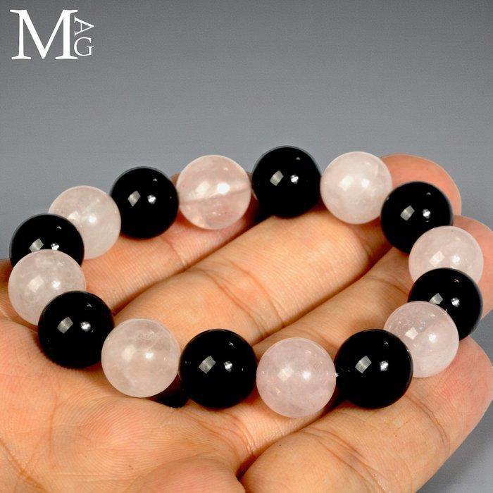 Rozenkwarts en zwarte onyx armband – 12,5 mm kralen -, Verzamelen, Mineralen en Fossielen
