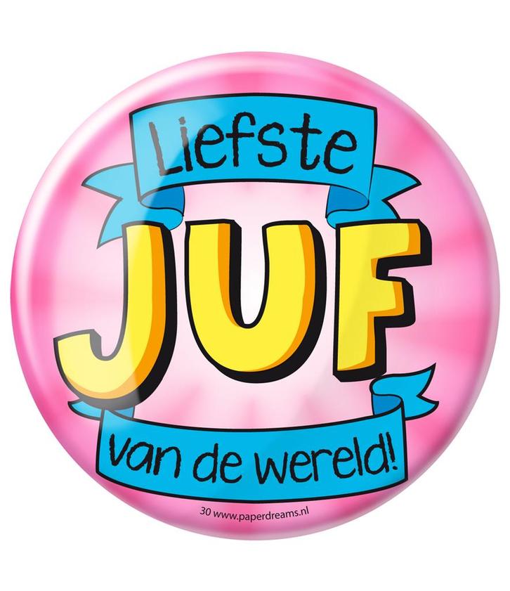 Button Liefste Juf van de Wereld 10,2cm, Hobby en Vrije tijd, Feestartikelen, Nieuw, Verzenden