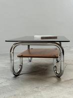 Table basse - Noyer, Verre, Tube en acier chromé