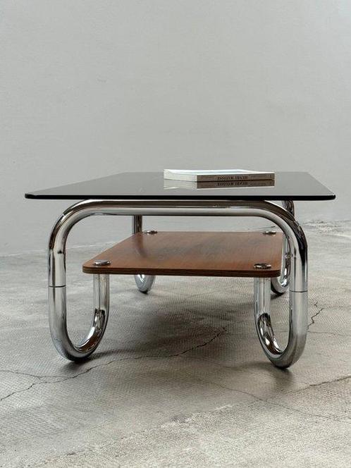 Table basse - Noyer, Verre, Tube en acier chromé, Antiek en Kunst, Antiek | Meubels | Stoelen en Sofa's