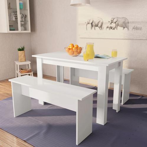 vidaXL Eettafel en banken 3 st bewerkt hout wit, Huis en Inrichting, Complete eetkamers, Nieuw, Verzenden
