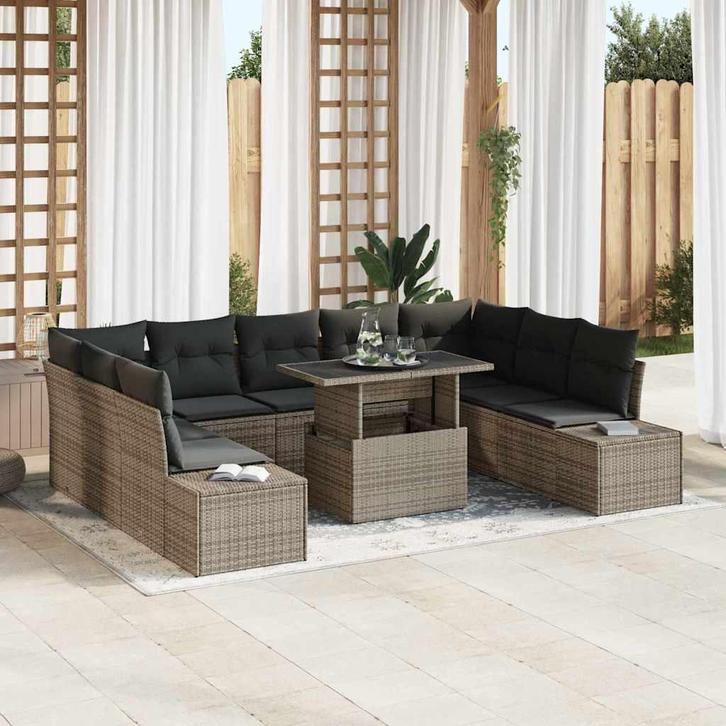 vidaXL Tuinbank Set met opslag 10 pcs Grijs Poly rattan, Tuin en Terras, Tuinsets en Loungesets, Nieuw, Verzenden