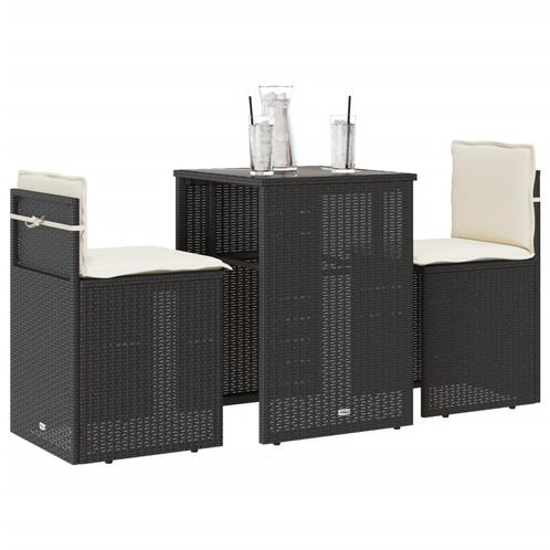 vidaXL 3-delige Bistroset met kussens poly rattan zwart, Tuin en Terras, Tuinsets en Loungesets, Nieuw, Verzenden