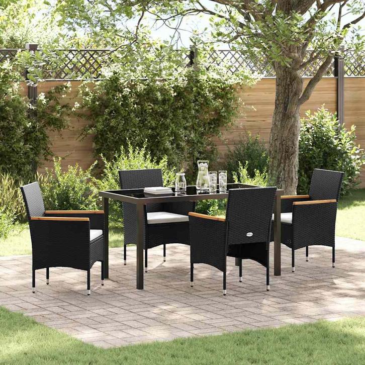 vidaXL Tuin Eettafel Set met kussen 5 pcs Zwart Poly rattan, Tuin en Terras, Tuinsets en Loungesets, Nieuw, Verzenden
