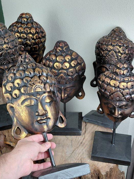Beeld, 6 Grote houten Boeddha hoofden - op standaard - 36 cm, Antiek en Kunst, Kunst | Designobjecten