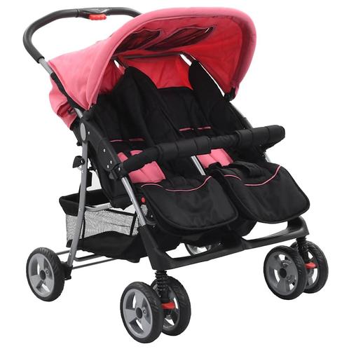 vidaXL Tweelingkinderwagen staal roze en zwart, Enfants & Bébés, Poussettes & Combinaisons, Envoi