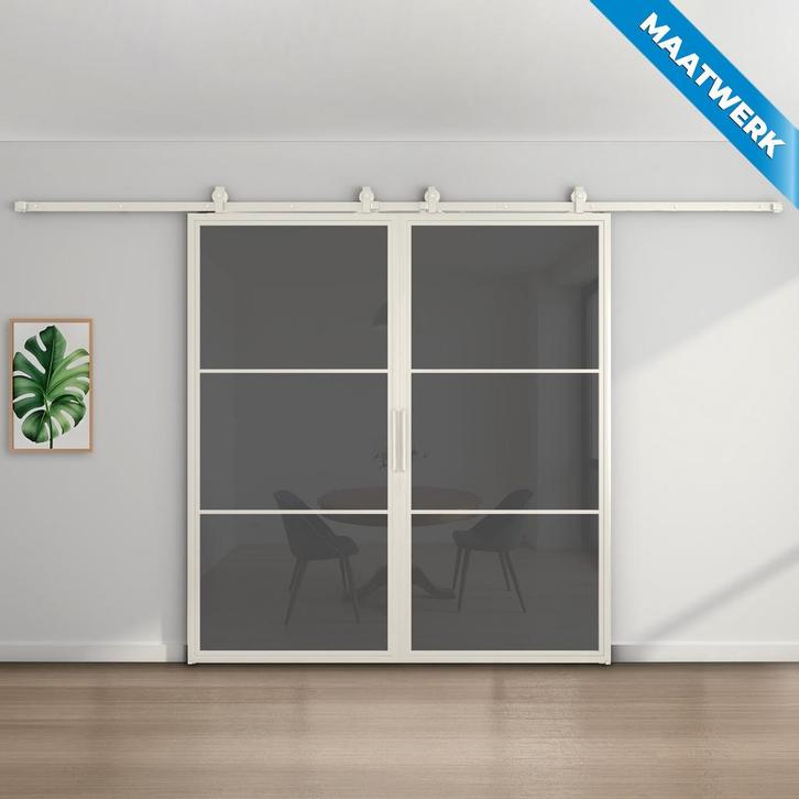 Dubbele stalen Schuifdeuren 3 Vlaks Wit Maatwerk Rook glas, Doe-het-zelf en Bouw, Raamkozijnen en Schuifdeuren, Nieuw, Inclusief glas