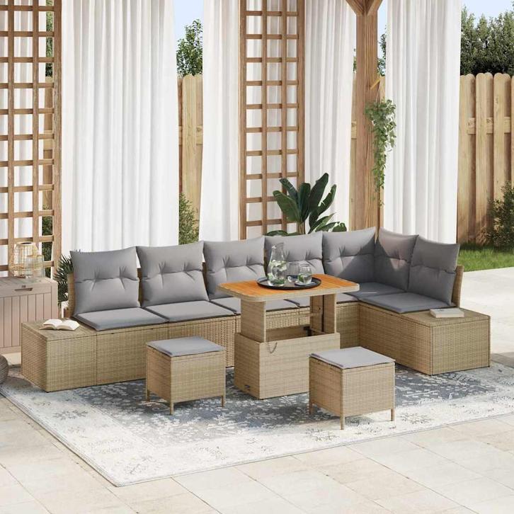 vidaXL Tuinbank Set met kussen 9 pcs Beige poly rattan, Tuin en Terras, Tuinsets en Loungesets, Nieuw, Verzenden