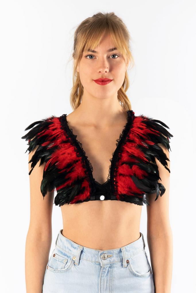 Top met Veren Zwart Rood XS S M Verentop Steampunk Topje Vee, Kleding | Dames, Carnavalskleding en Feestkleding, Nieuw, Ophalen of Verzenden