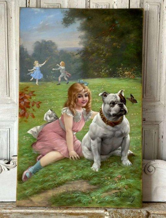 Richard Kratky (1877-1944) - Mädchen mit Bulldogge, Antiek en Kunst, Kunst | Schilderijen | Klassiek