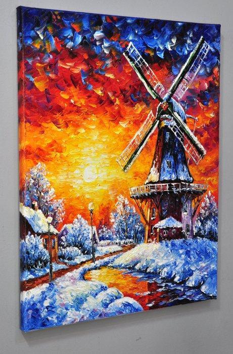 École polonaise (XX) - Windmill in winter, Antiquités & Art, Art | Peinture | Classique